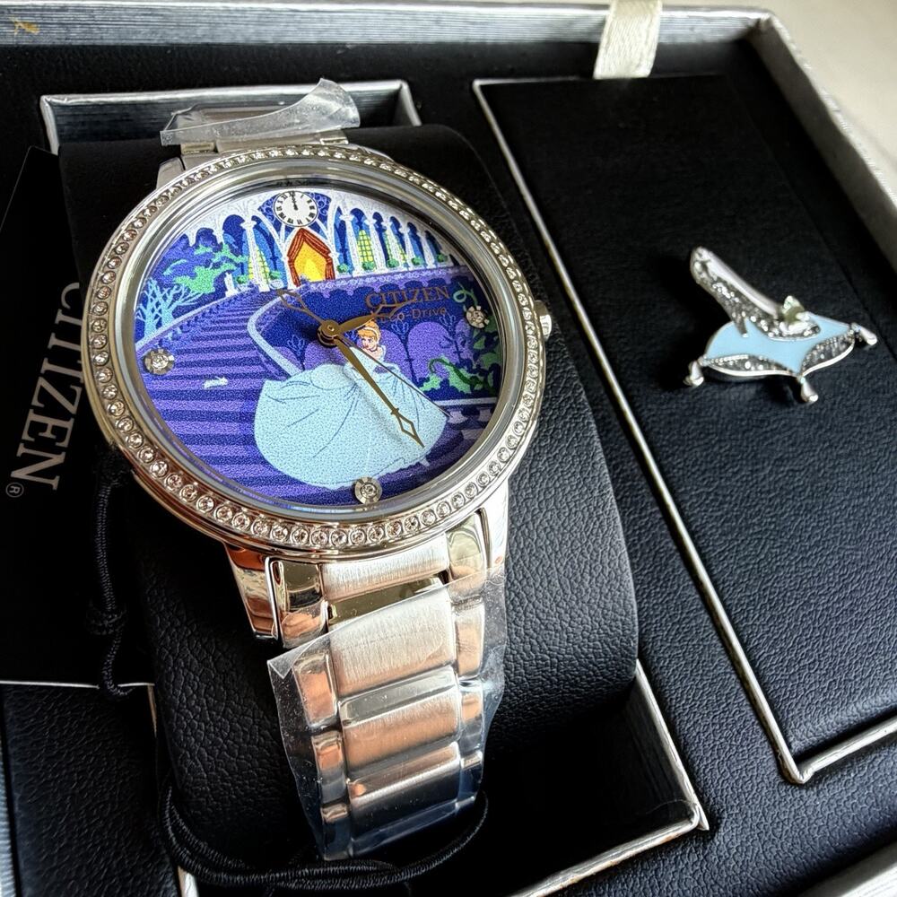 Citizen Disney Cinderella Eco-Drive Watch FE7041-51W Crystal Pin Box Set NWT